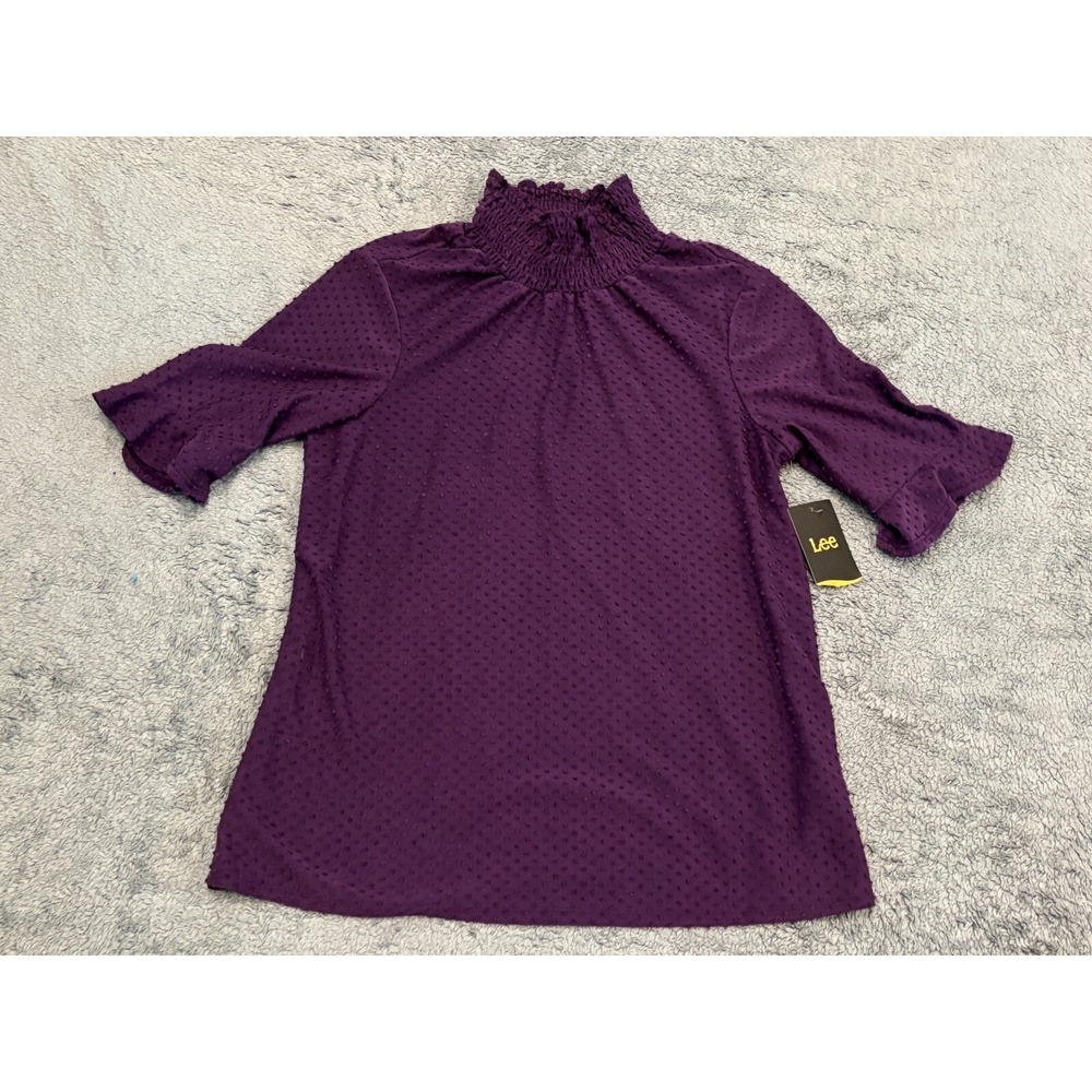 Lee Womens Large Purple Swiss Dot Mock Neck Ruffle Sleeve Pullover Shirt NWT